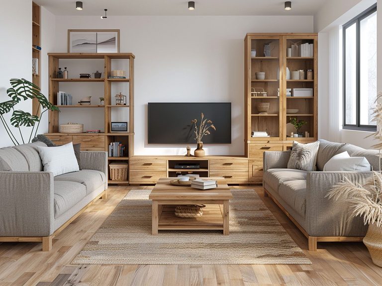 Skandynawski salon z drewnianymi meblami, jasną sofą i minimalistycznym stylem