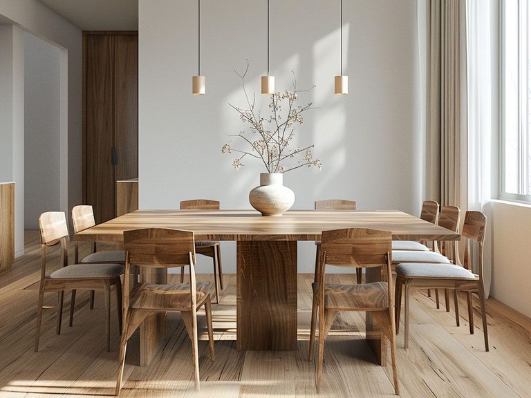 Nowoczesna jadalnia z drewnianym stołem i minimalistycznymi krzesłami