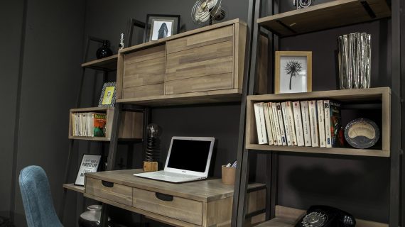 Miniaturka 2 - Zestaw mebli biurowych z MDF i akacją, szuflada i regał, styl nowoczesny