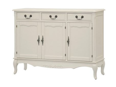 Biała komoda z ozdobnymi uchwytami i eleganckimi frezami