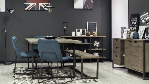 Miniaturka 1 - Meble do jadalni z litego drewna w stylu industrialnym z niebieskimi akcentami