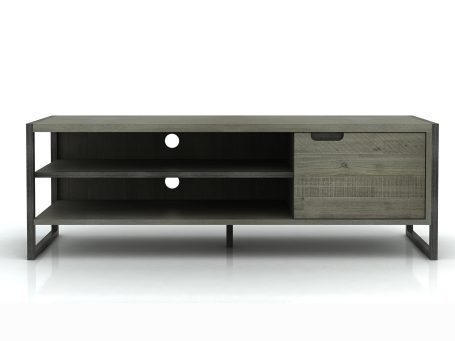 Szafka RTV MDF z frontami z akacji, metalowe akcenty, styl industrialny