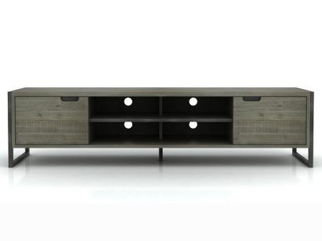 Komoda RTV z MDF i akacją, styl loftowy, ciemne drewno, stalowe nogi