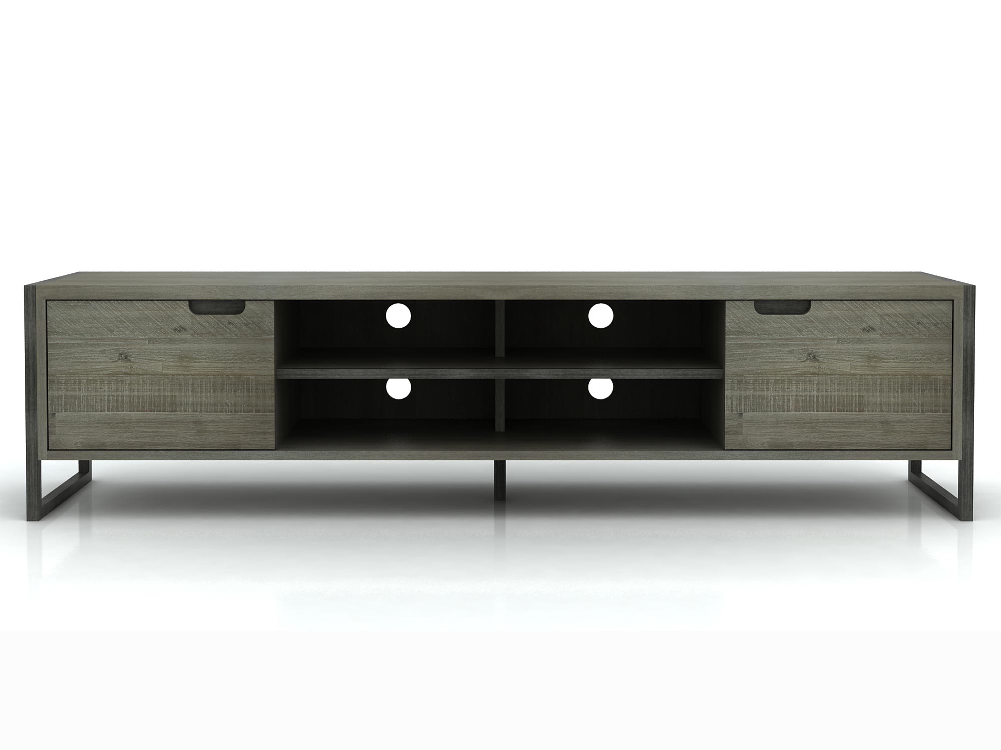 Komoda RTV z MDF i akacją, styl loftowy, ciemne drewno, stalowe nogi