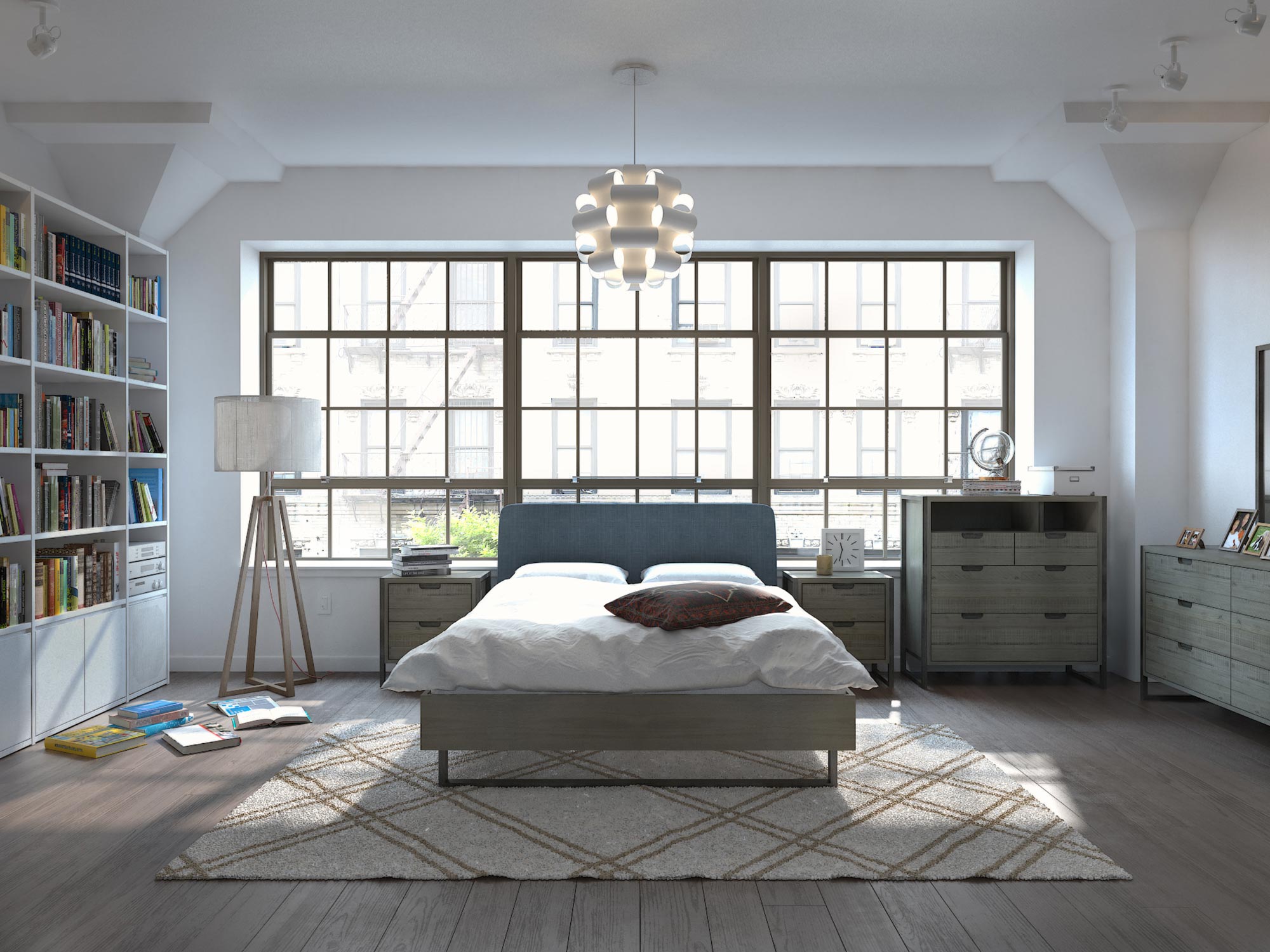 Aranżacja sypialni z drewnianym łóżkiem i komodą w stylu skandynawskim