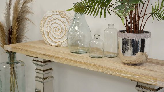 Miniaturka 12 - Konsola glamour z intarsją w naturalnym drewnie i stalowymi nogami – Luxe