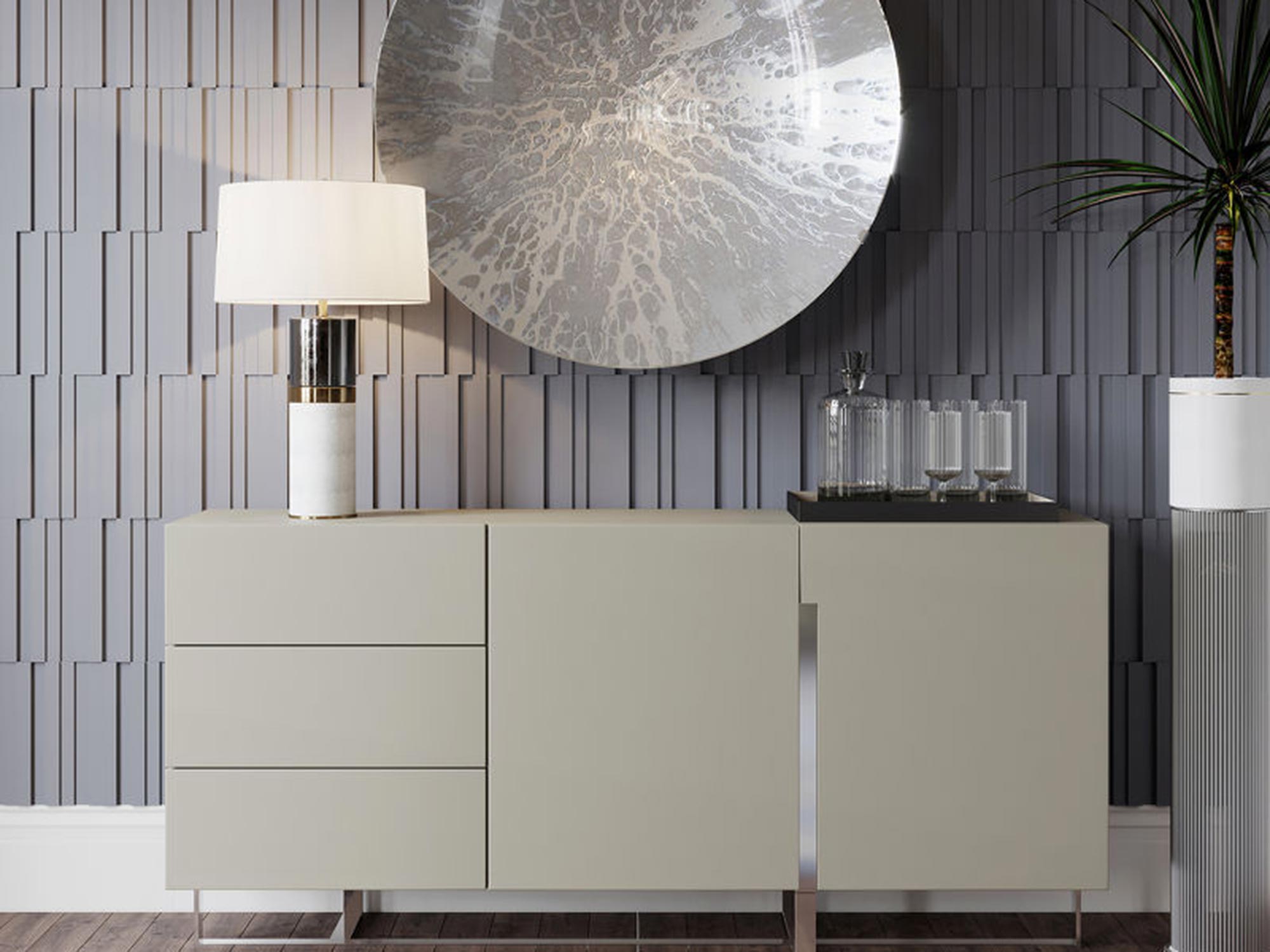 Jasna komoda MDF w stylu loftowym z dekoracyjną aranżacją ścienną