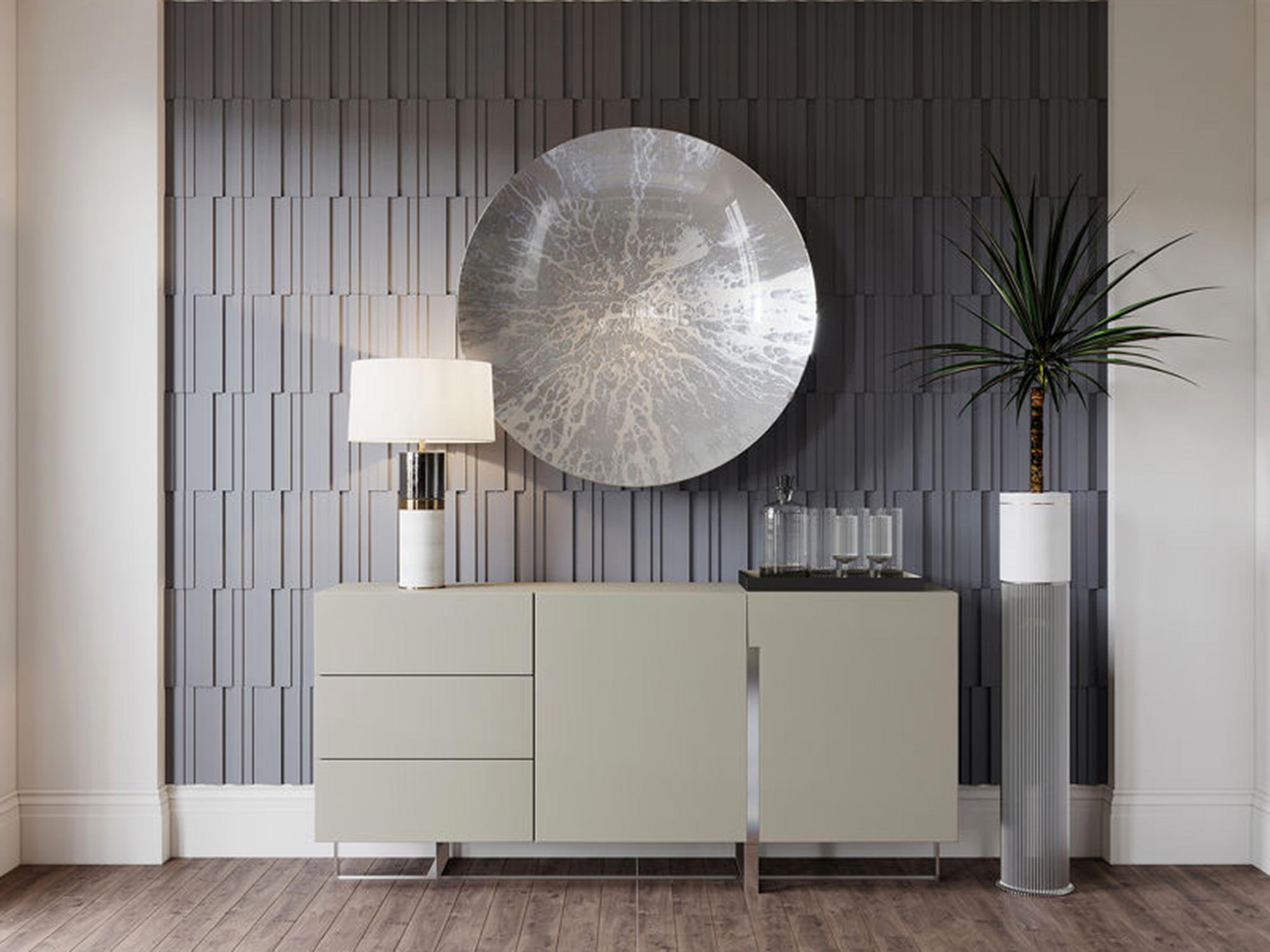 Beżowa komoda z MDF i stalową podstawą, elegancki styl nowoczesny