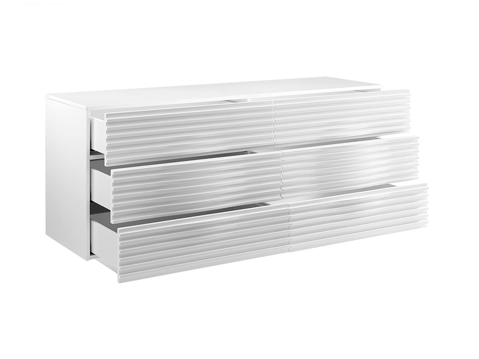 Nowoczesna biała komoda z ryflowanymi frontami i trzema szufladami