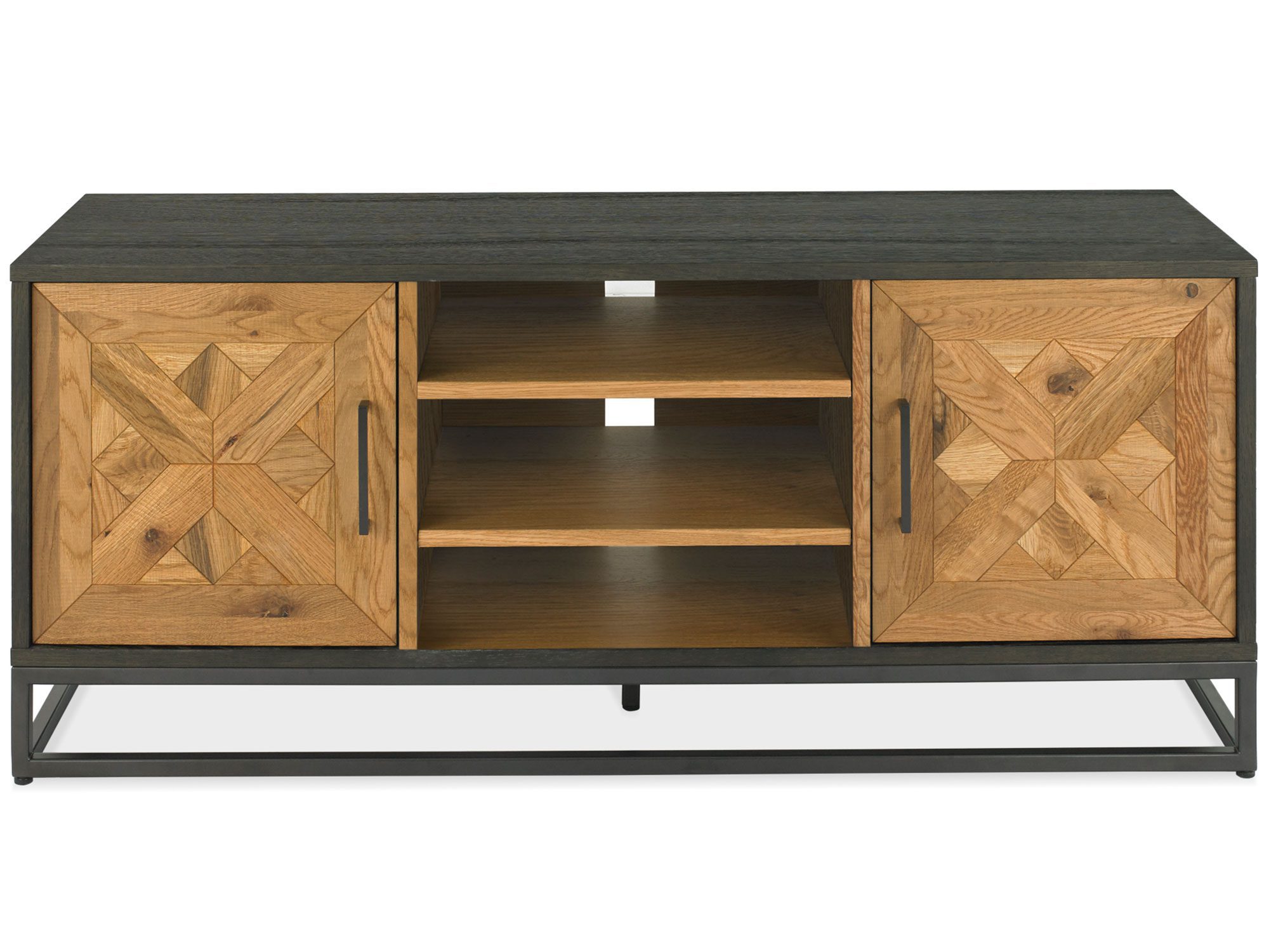 Mebel RTV z drewnianym dekorem i otwartą półką środkową