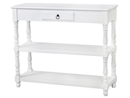 Drewniana konsola z dekoracyjnymi frontami i metalowymi uchwytami w stylu prowansalskim kolor biały