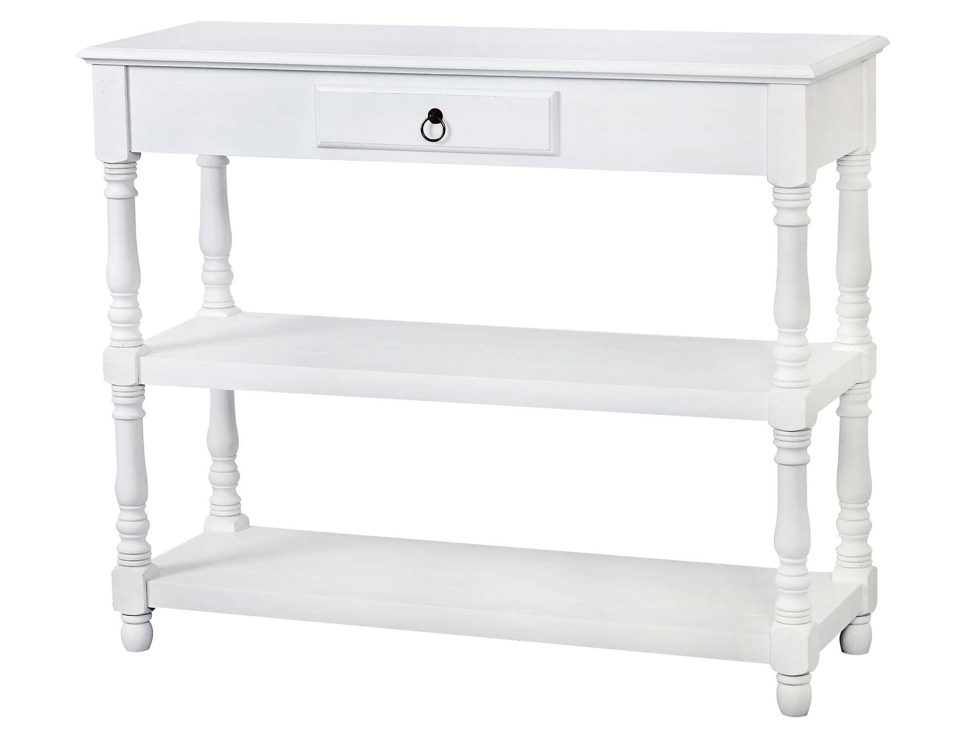 Drewniana konsola z dekoracyjnymi frontami i metalowymi uchwytami w stylu prowansalskim kolor biały