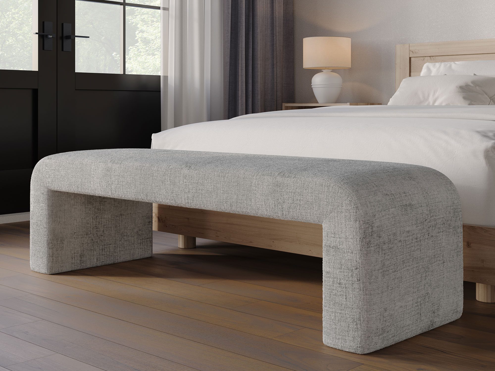 Tapicerowana ławka boucle w kolorze popielatym Tapicerowana ławka boucle w kolorze popielatym