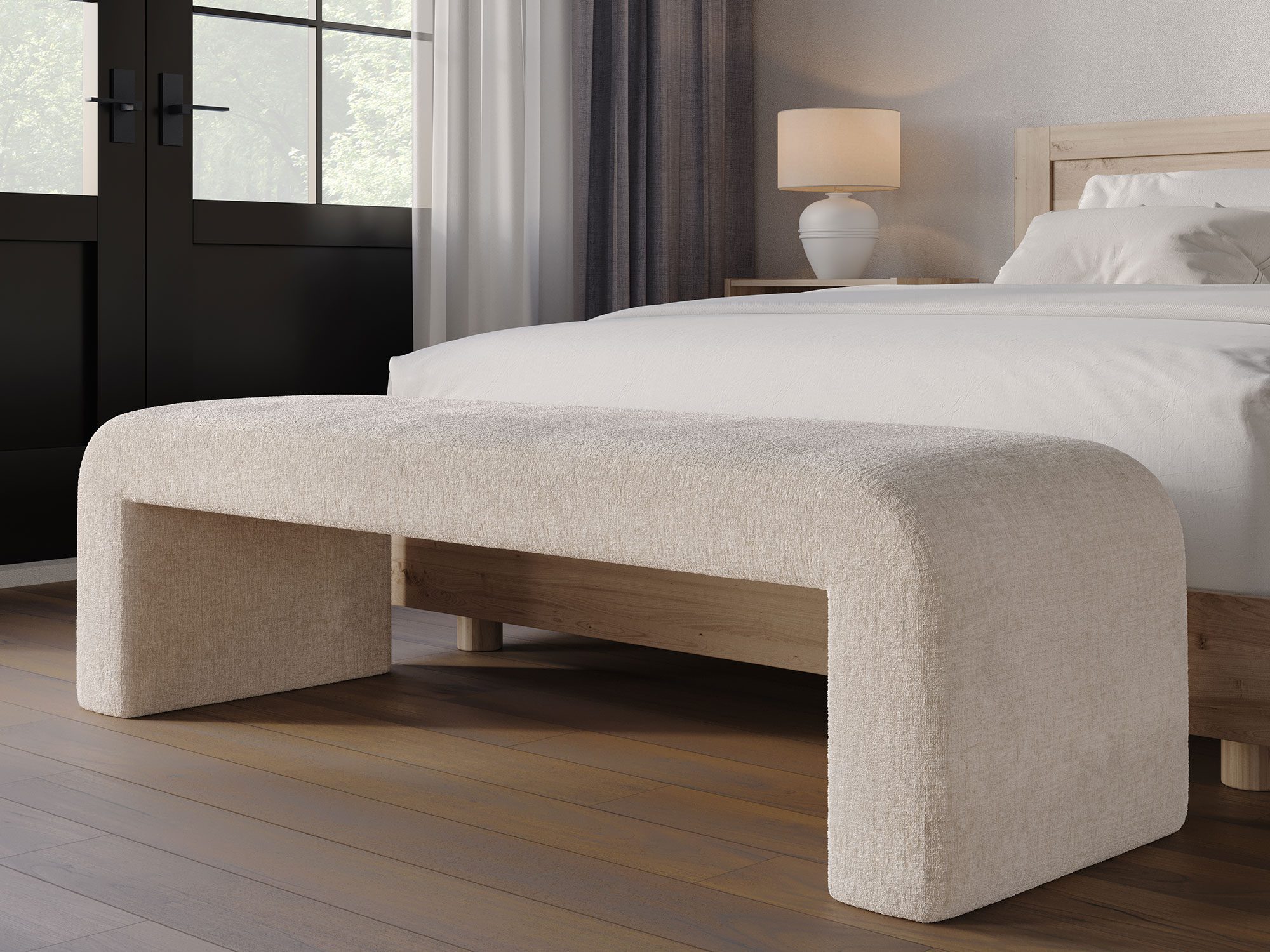 Ławka boucle w kolorze szampańskim do sypialni lub salonu Ławka boucle w kolorze szampańskim do sypialni lub salonu