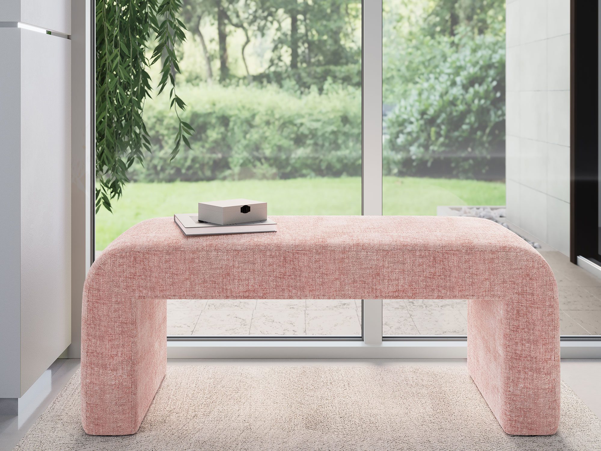 Różowa ławka boucle z nowoczesnym metalowym stelażem Różowa ławka boucle z nowoczesnym metalowym stelażem