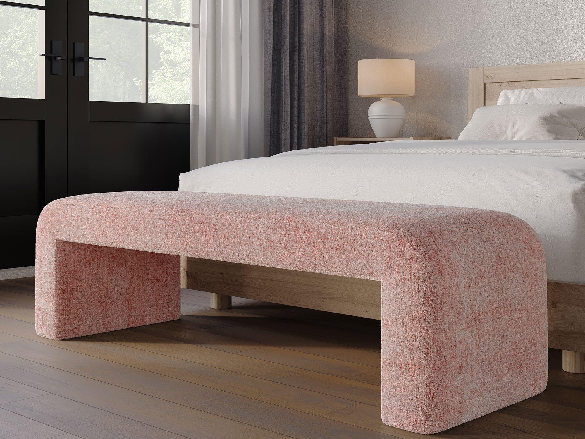 Ławka do sypialni z tkaniny boucle w odcieniu pudrowego różu Ławka do sypialni z tkaniny boucle w odcieniu pudrowego różu