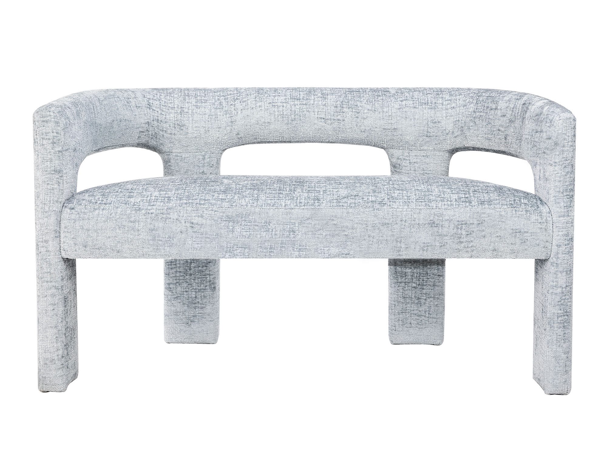 Stylowa ławka boucle z wycięciem w oparciu w kolorze błękitnym Stylowa ławka boucle z wycięciem w oparciu w kolorze błękitnym