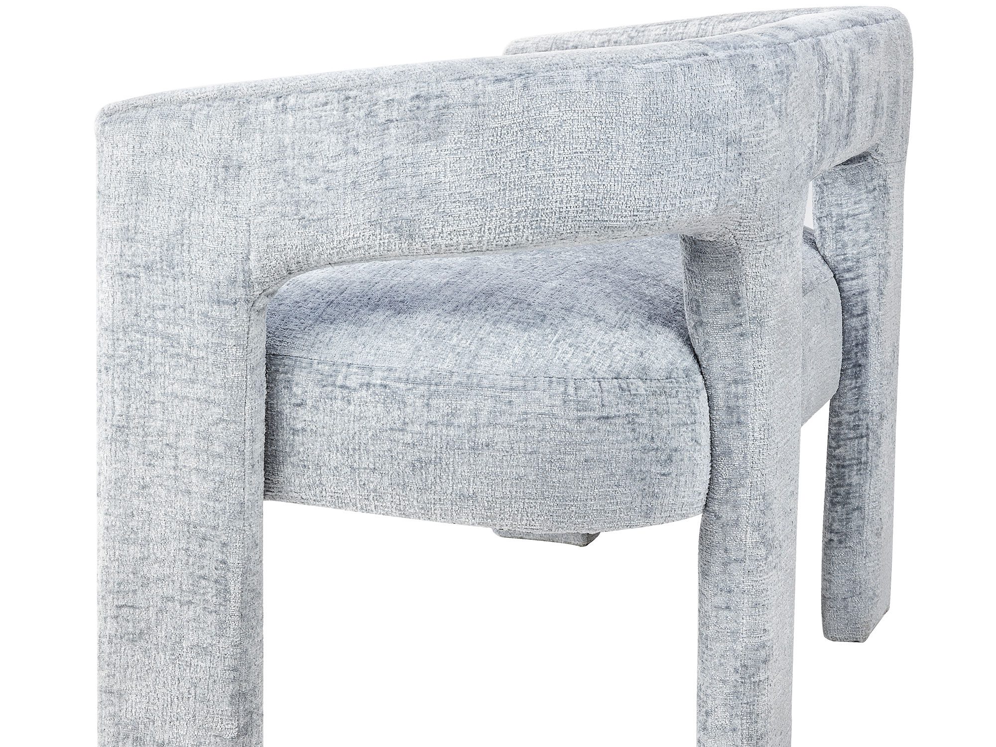 Detal boczny niebieskiej ławki boucle z grubym tapicerowaniem Detal boczny niebieskiej ławki boucle z grubym tapicerowaniem