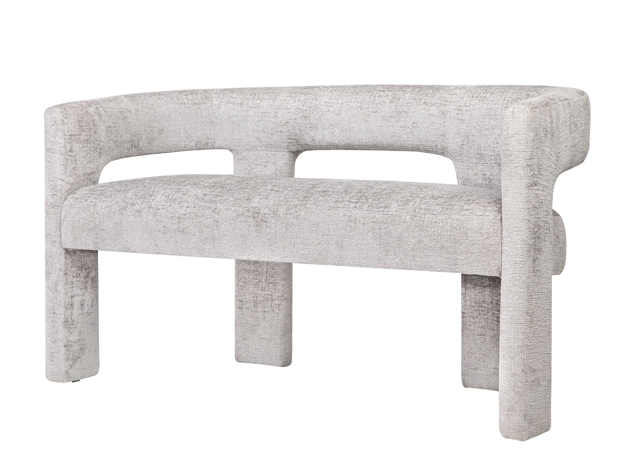 Designerska ławka z szarej tkaniny boucle z wysokim oparciem Designerska ławka z szarej tkaniny boucle z wysokim oparciem