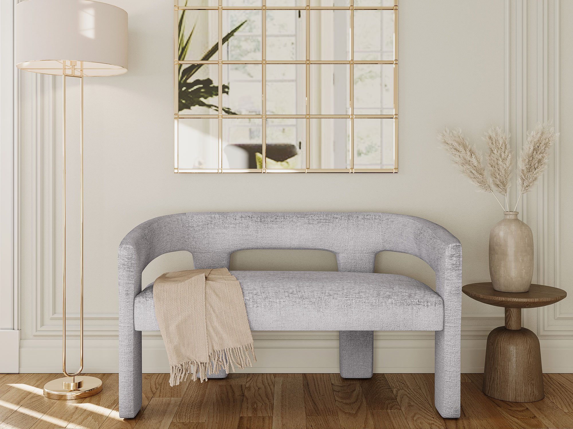 Tapicerowana ławka boucle w kolorze szarym do przedpokoju lub salonu Tapicerowana ławka boucle w kolorze szarym do przedpokoju lub salonu