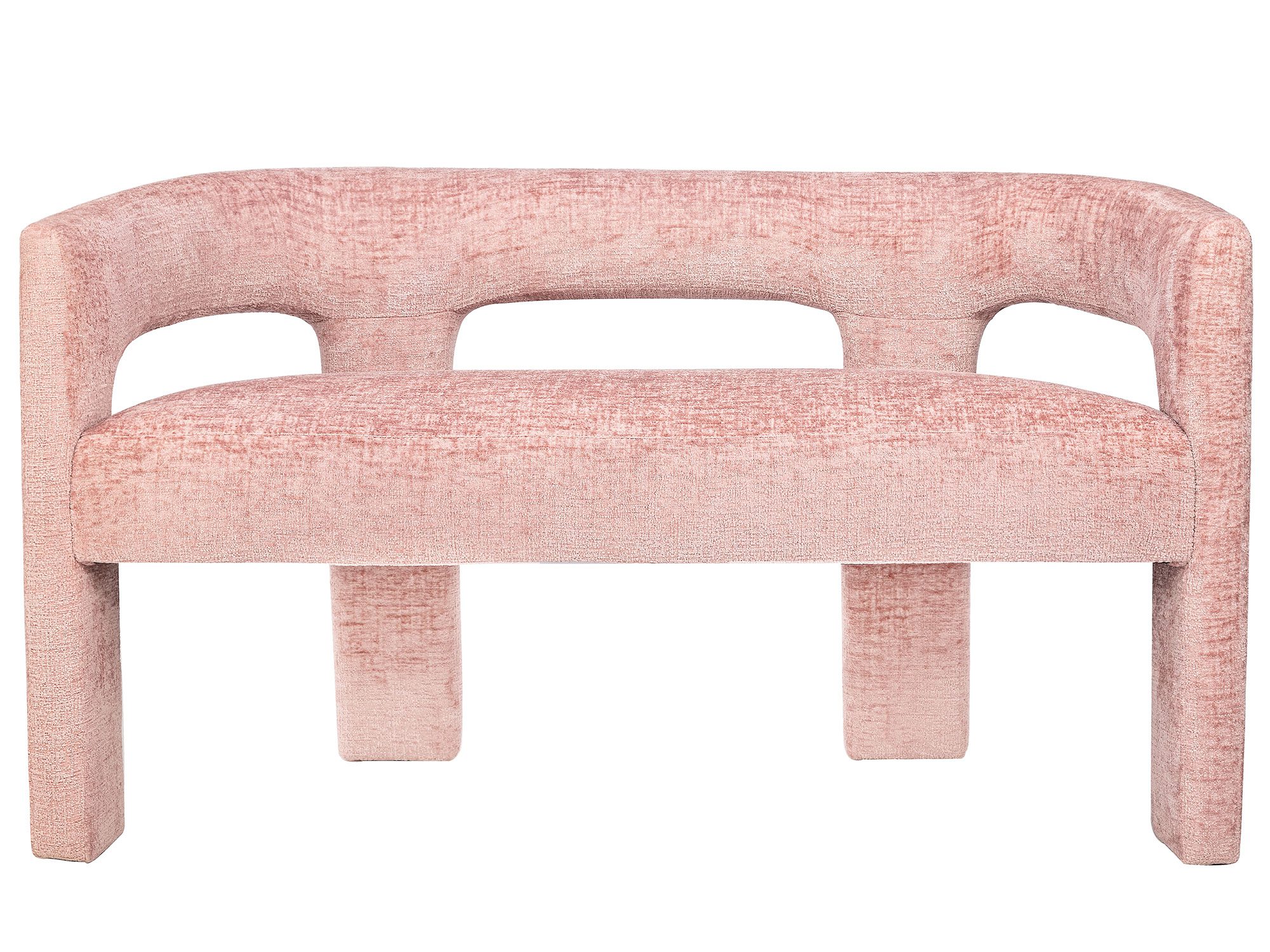 Nowoczesna ławka z różową tapicerką boucle i owalnymi kształtami Nowoczesna ławka z różową tapicerką boucle i owalnymi kształtami
