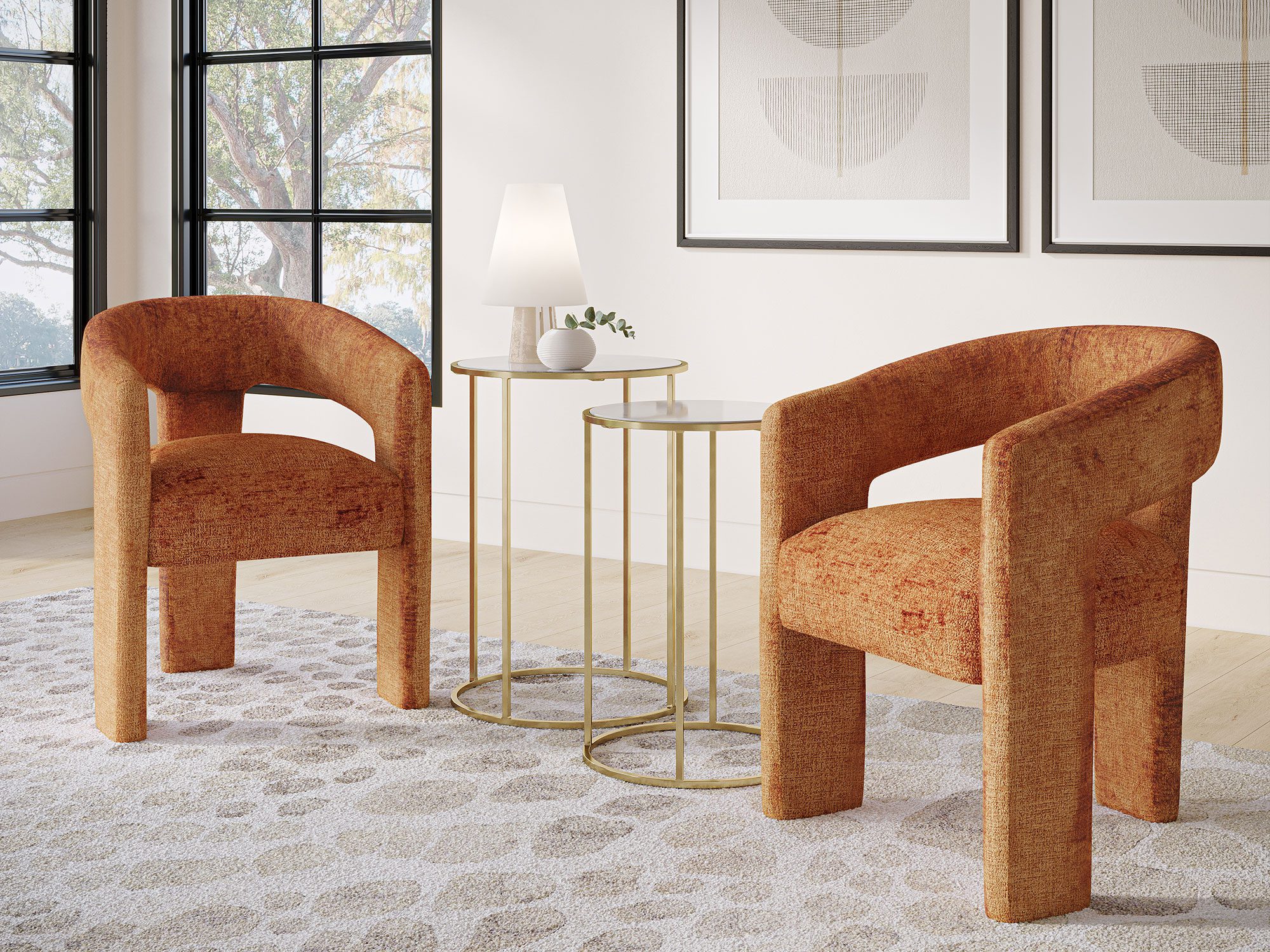 Rdzawo-pomarańczowe krzesła boucle w jadalni w stylu modern