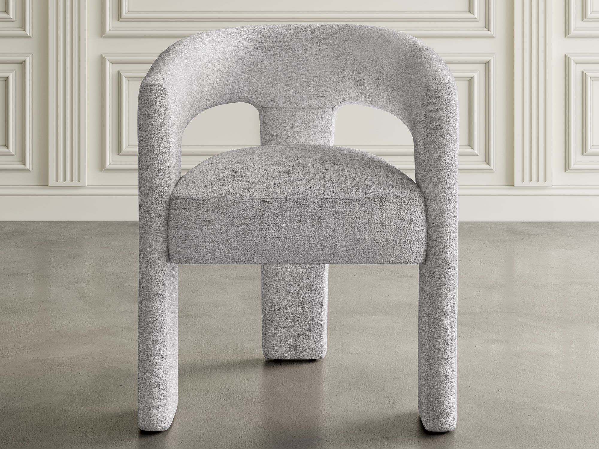 Designerskie krzesło boucle w jasnoszarym odcieniu z wysokim oparciem