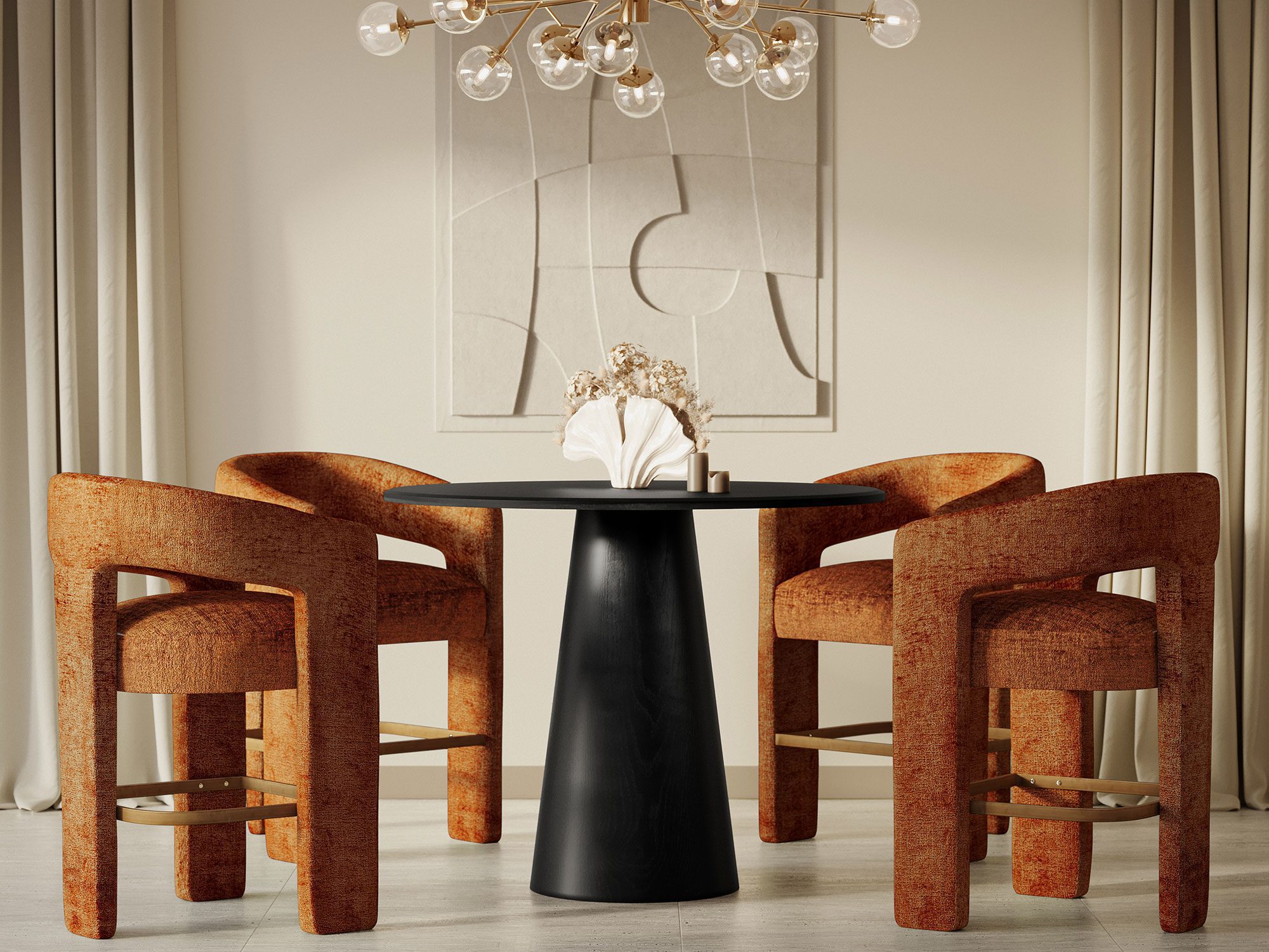 Aranżacja jadalni z rdzawymi krzesłami boucle i czarnym stołem Aranżacja jadalni z rdzawymi krzesłami boucle i czarnym stołem