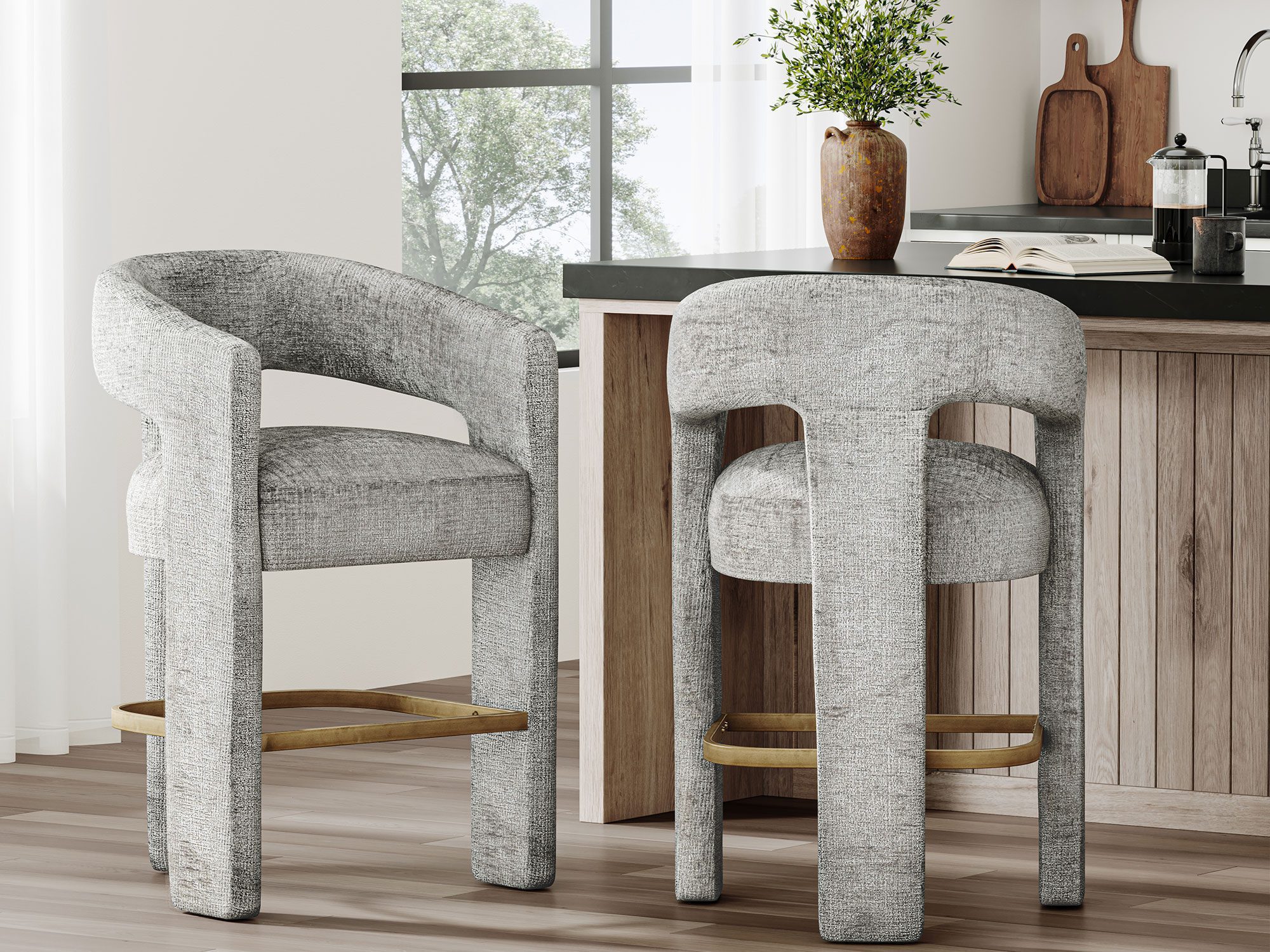 Szare krzesła barowe boucle w kuchennej aranżacji nowoczesnej Szare krzesła barowe boucle w kuchennej aranżacji nowoczesnej