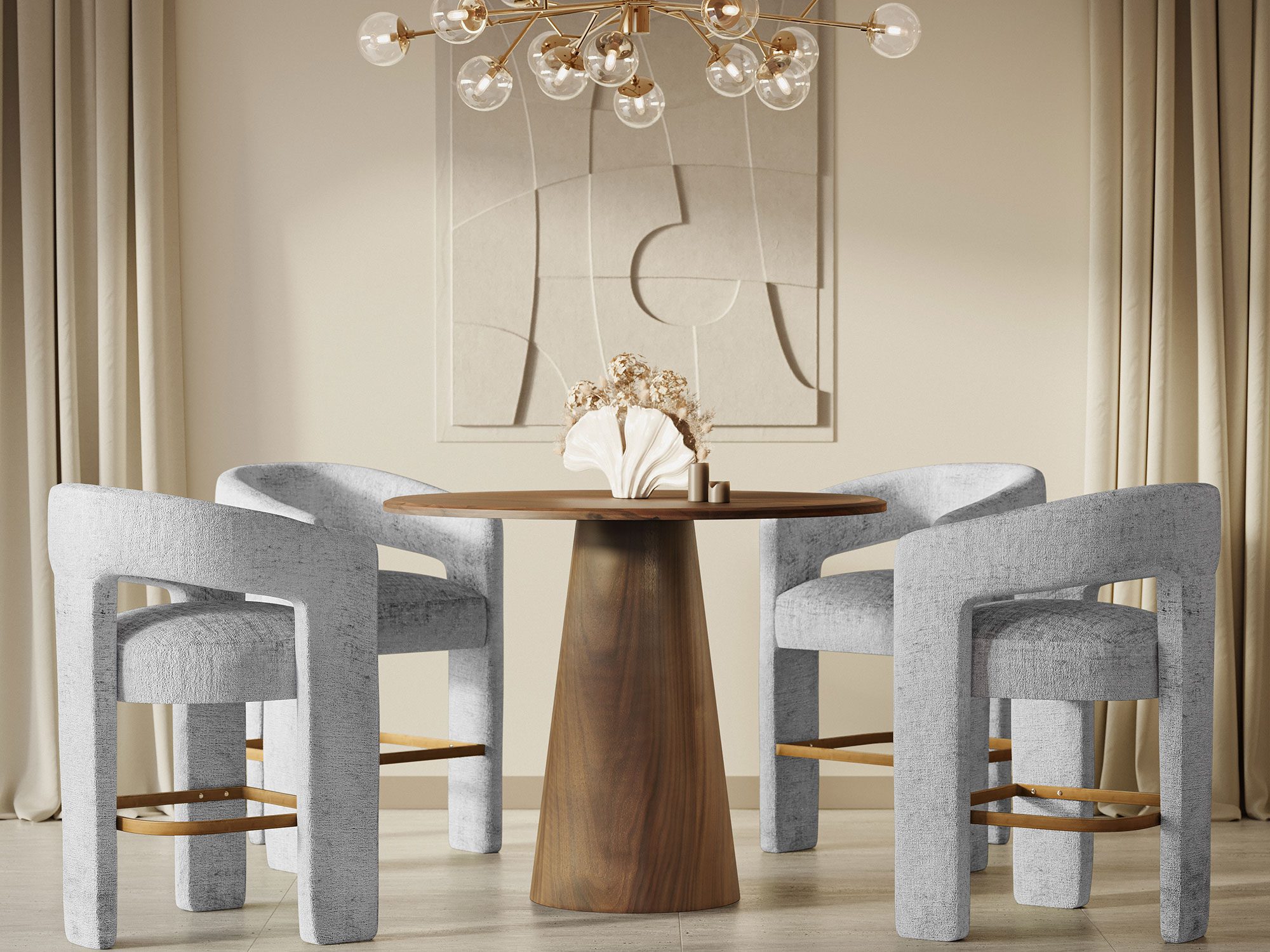 Jadalnia z szarymi krzesłami boucle przy okrągłym stole Jadalnia z szarymi krzesłami boucle przy okrągłym stole