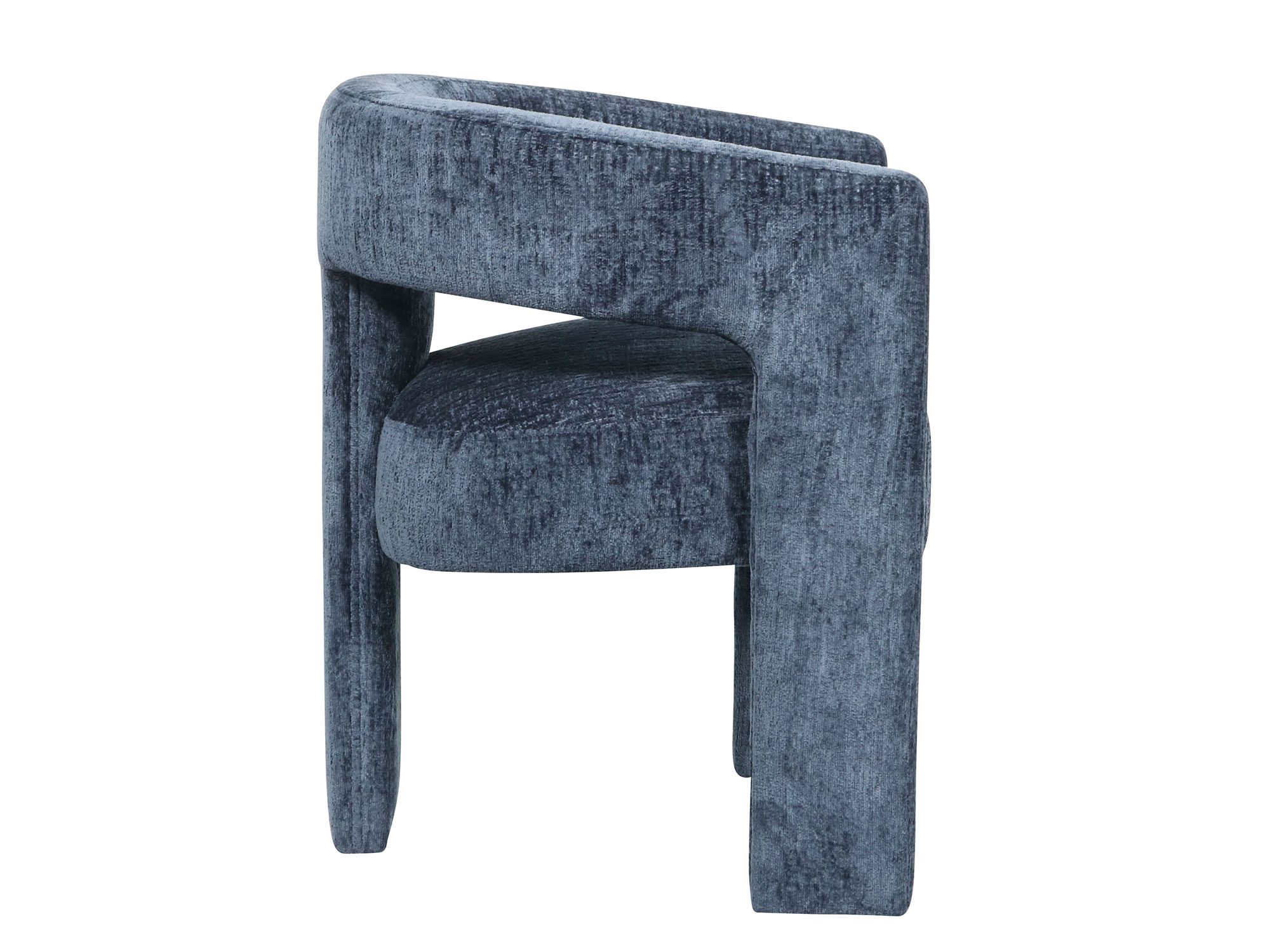 Krzesło w granatowej tkaninie boucle z okrągłą formą siedziska