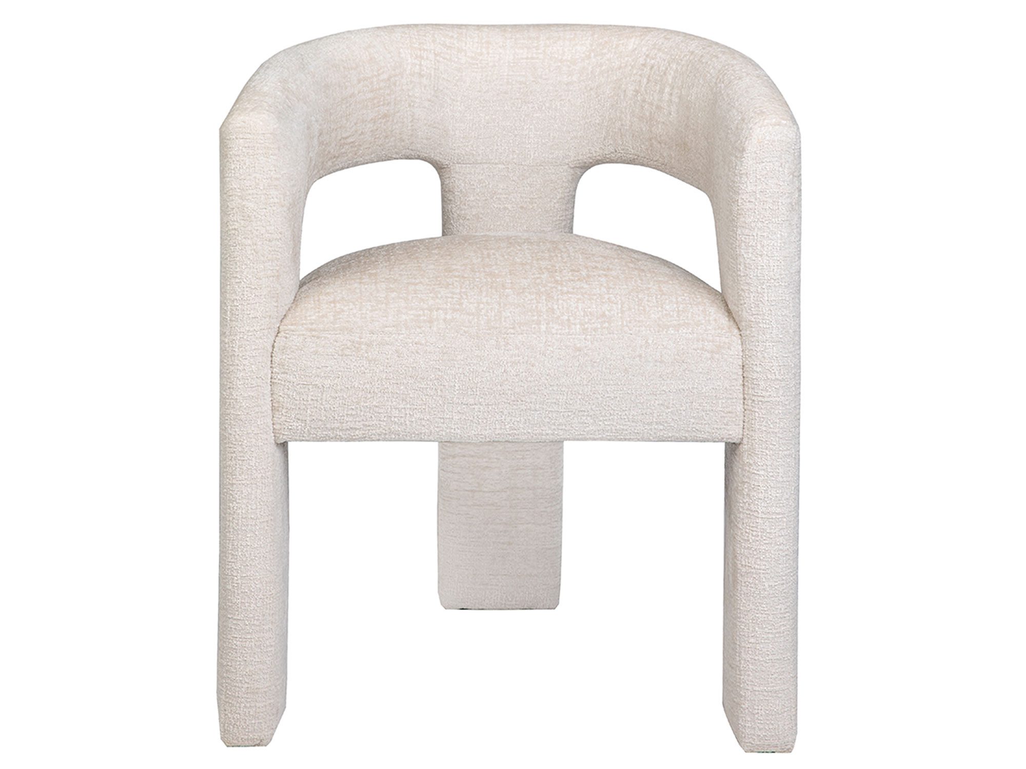 Beżowe krzesło boucle z zaokrąglonym oparciem i niskim siedziskiem