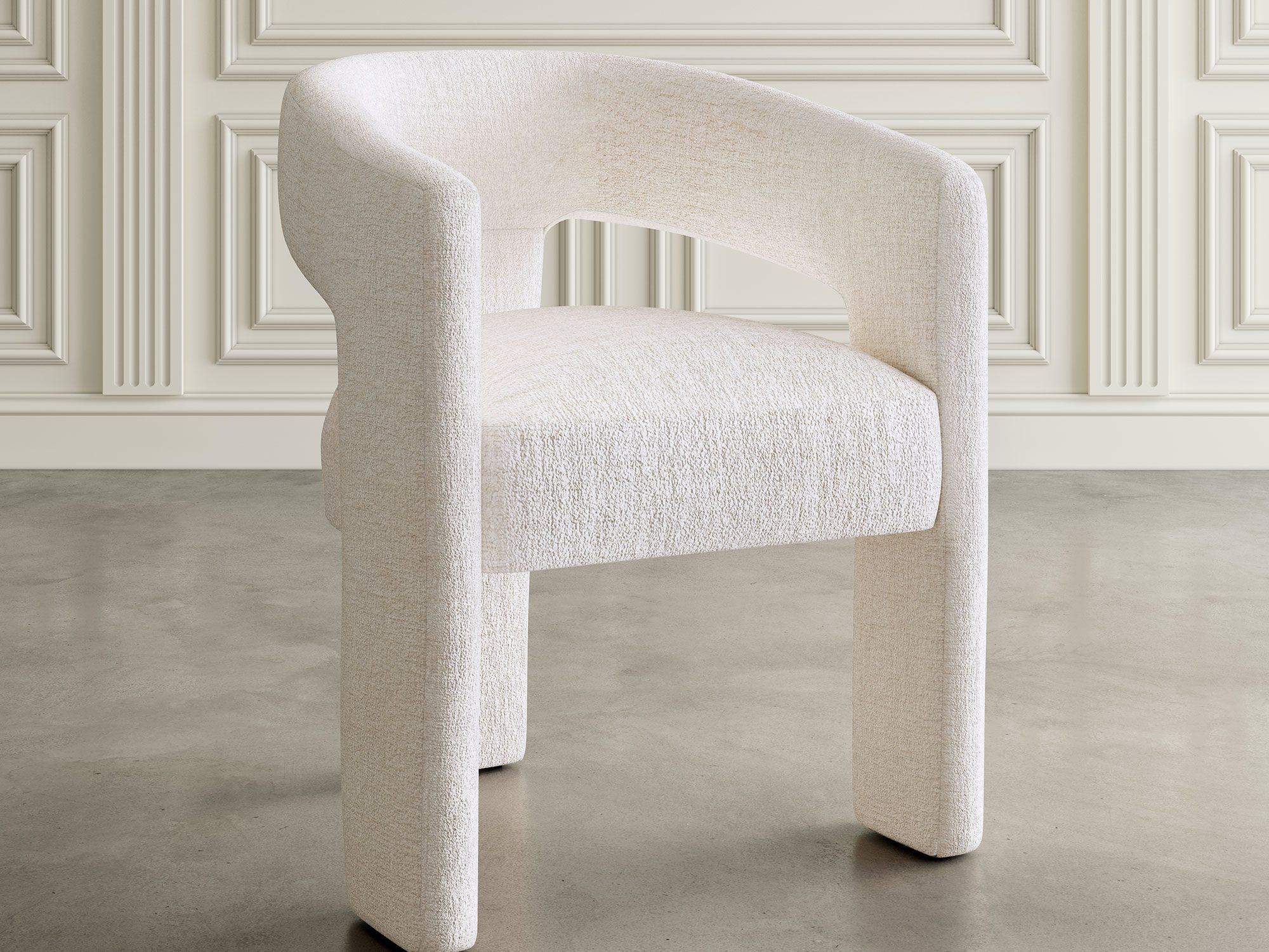 Jasne krzesło boucle z prostym designem i miękkim siedziskiem