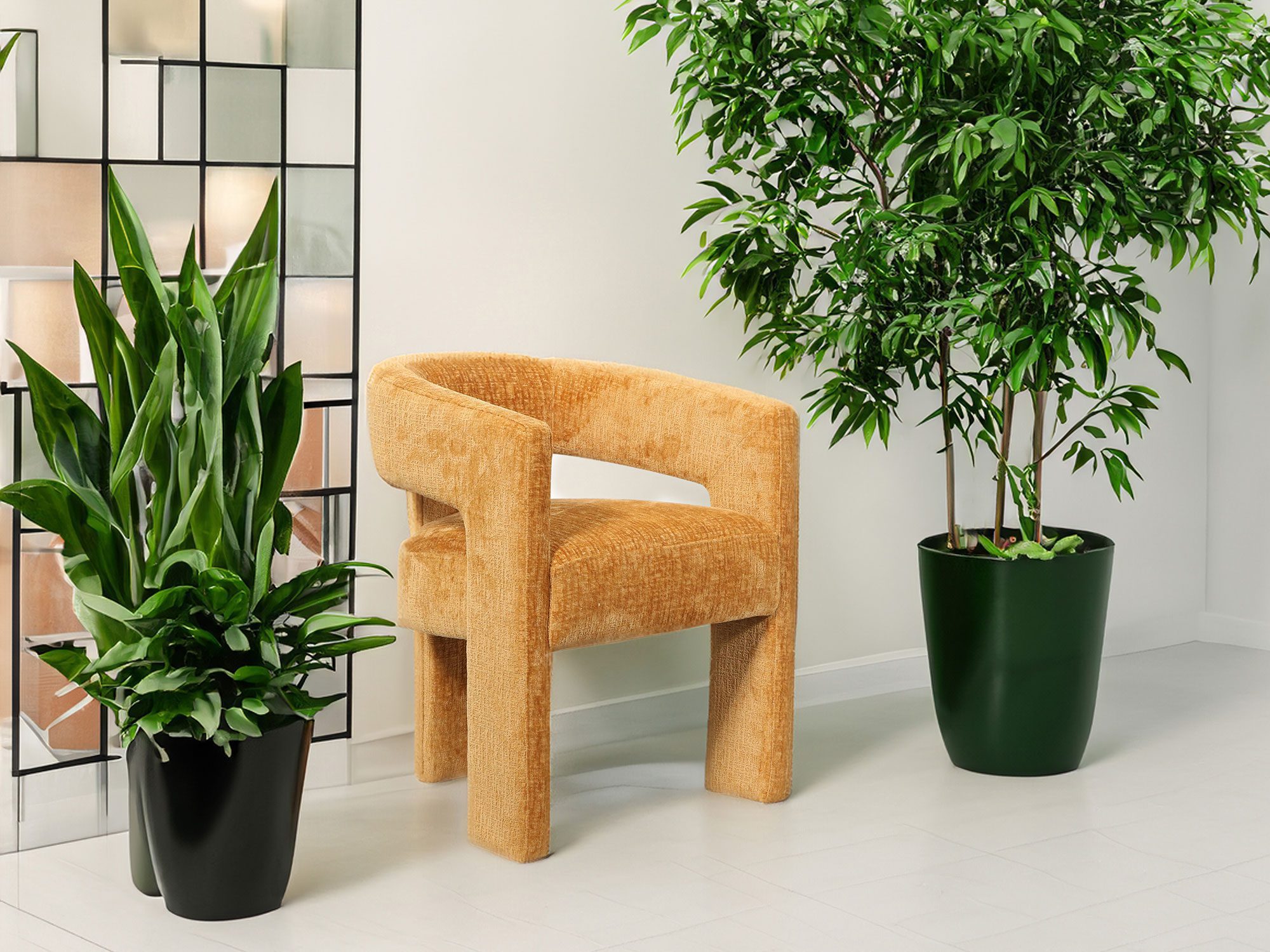 Musztardowe krzesło boucle z okrągłym siedziskiem i niskim oparciem