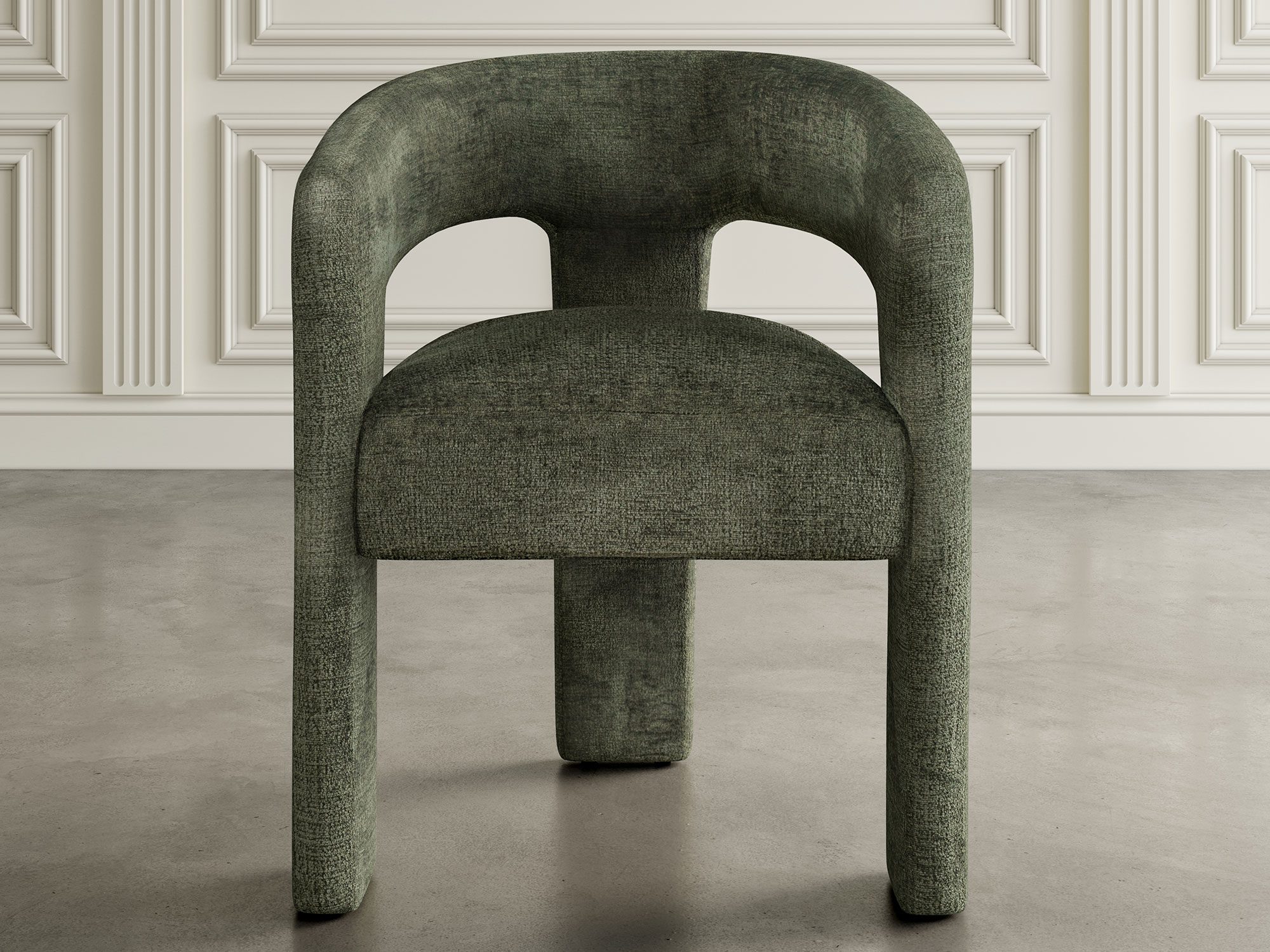 Nowoczesne krzesło z zieloną tapicerką boucle i okrągłym siedziskiem