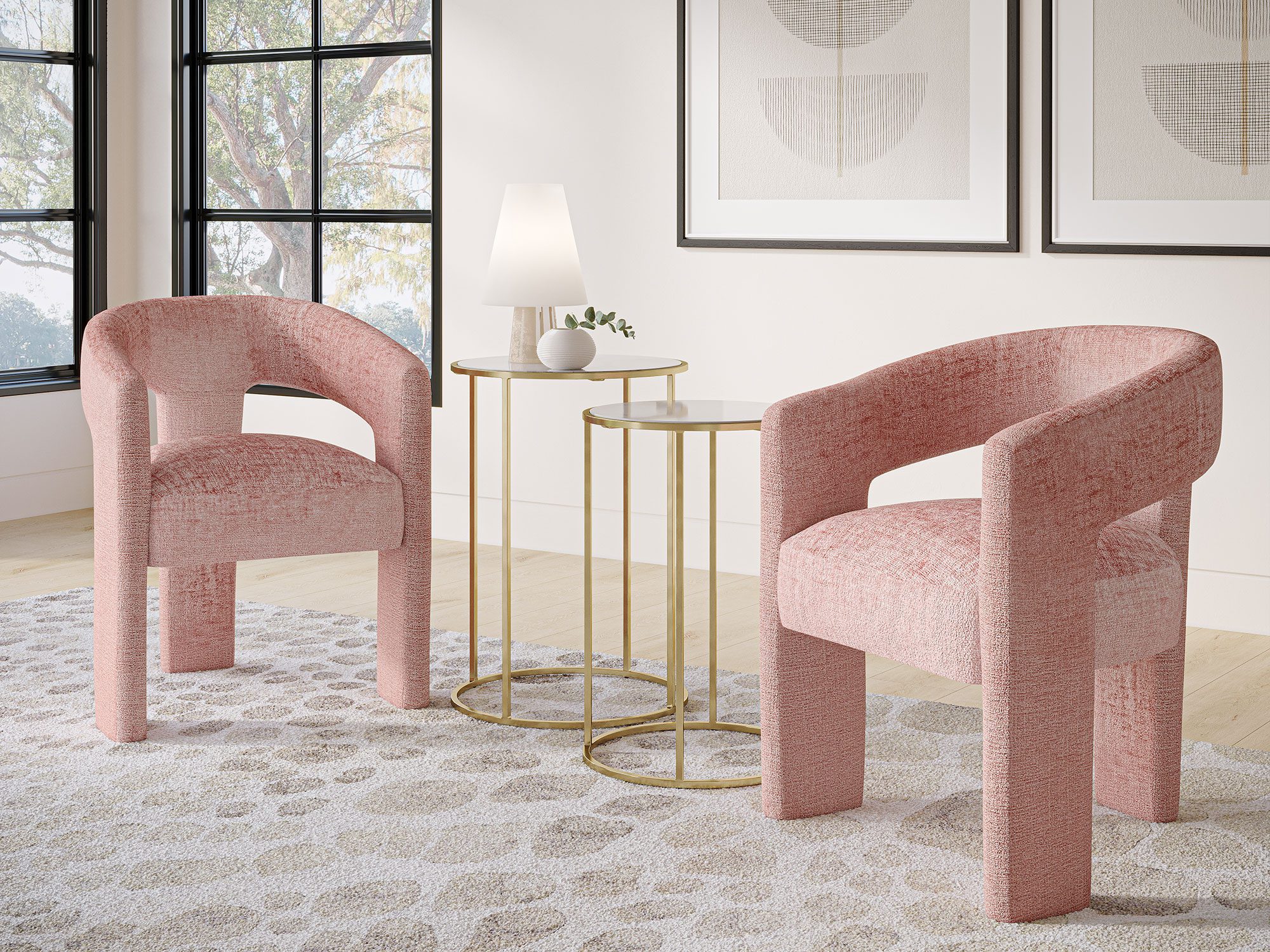Różowe krzesła boucle w aranżacji jadalni w stylu nowoczesnym