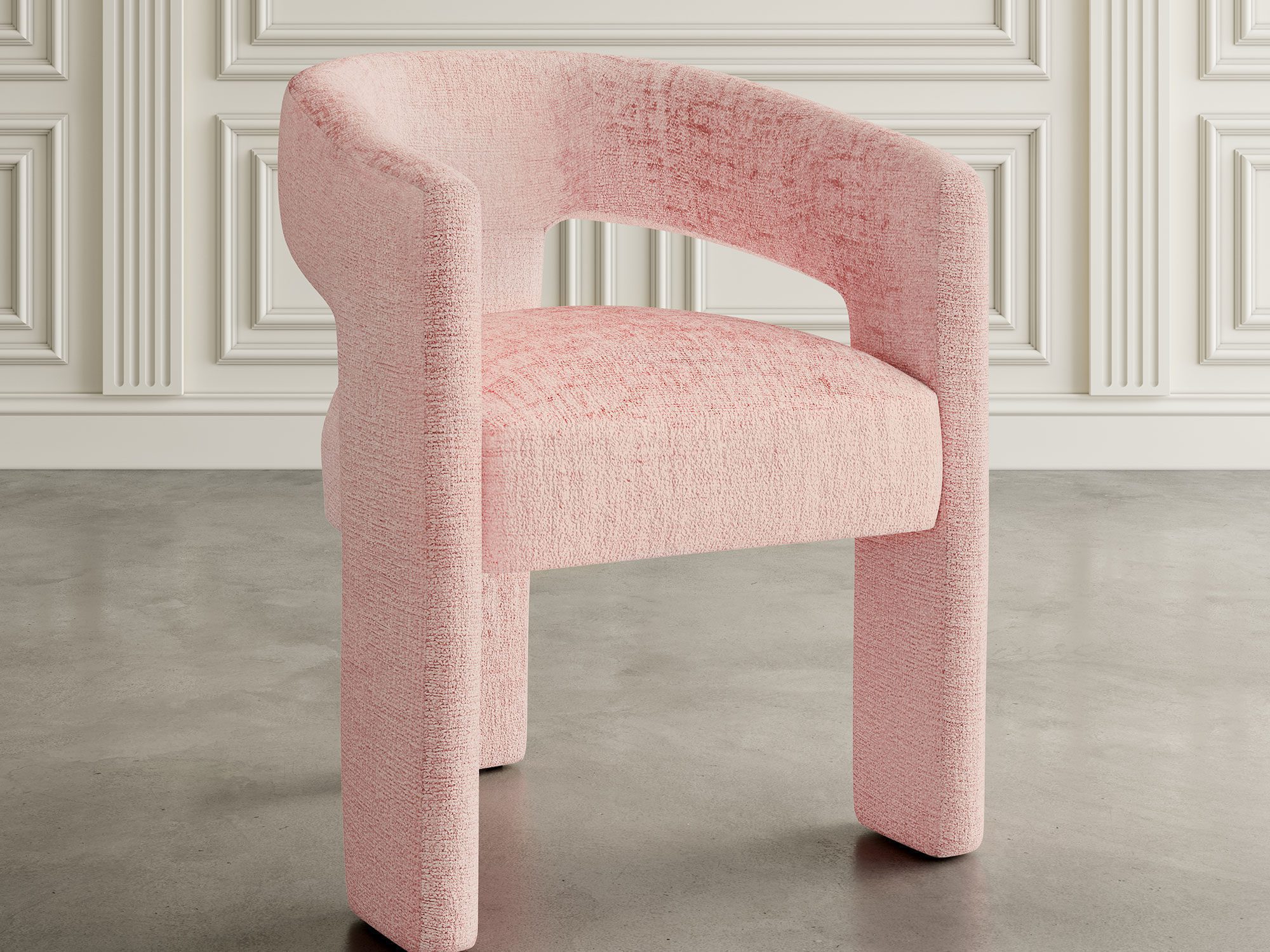 Różowe krzesło z tekstury boucle w eleganckim wnętrzu