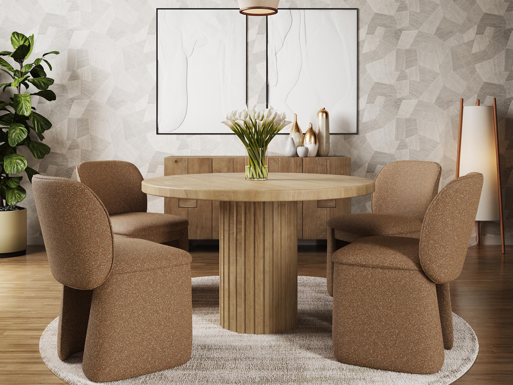 Zestaw nowoczesnych beżowych foteli przy okrągłym stole Zestaw nowoczesnych beżowych foteli przy okrągłym stole