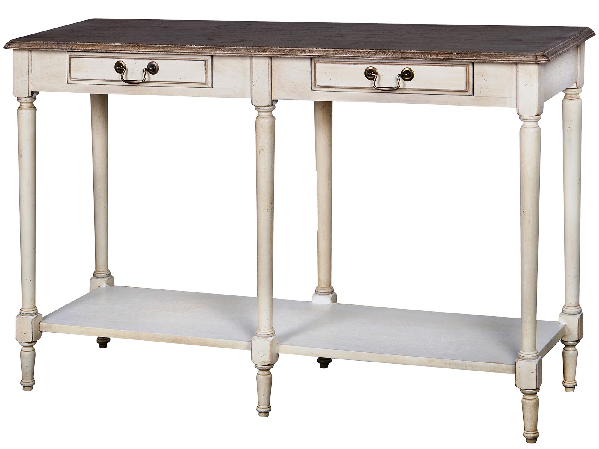 Drewniana konsola z dekoracyjnymi frontami i metalowymi uchwytami w stylu prowansalskim kolor biały