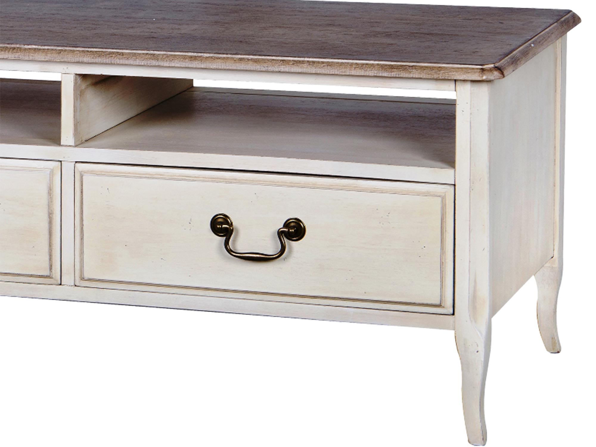 Detal drewnianych frontów komody RTV w stylu prowansalskim kolor biały