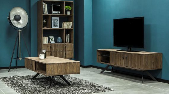 Miniaturka 7 - Zestaw drewnianych mebli do salonu w stylu nowoczesnym z regałem i szafką RTV