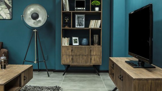 Miniaturka 6 - Regał z drewna akacjowego z półkami i szufladami w stylu industrialnym