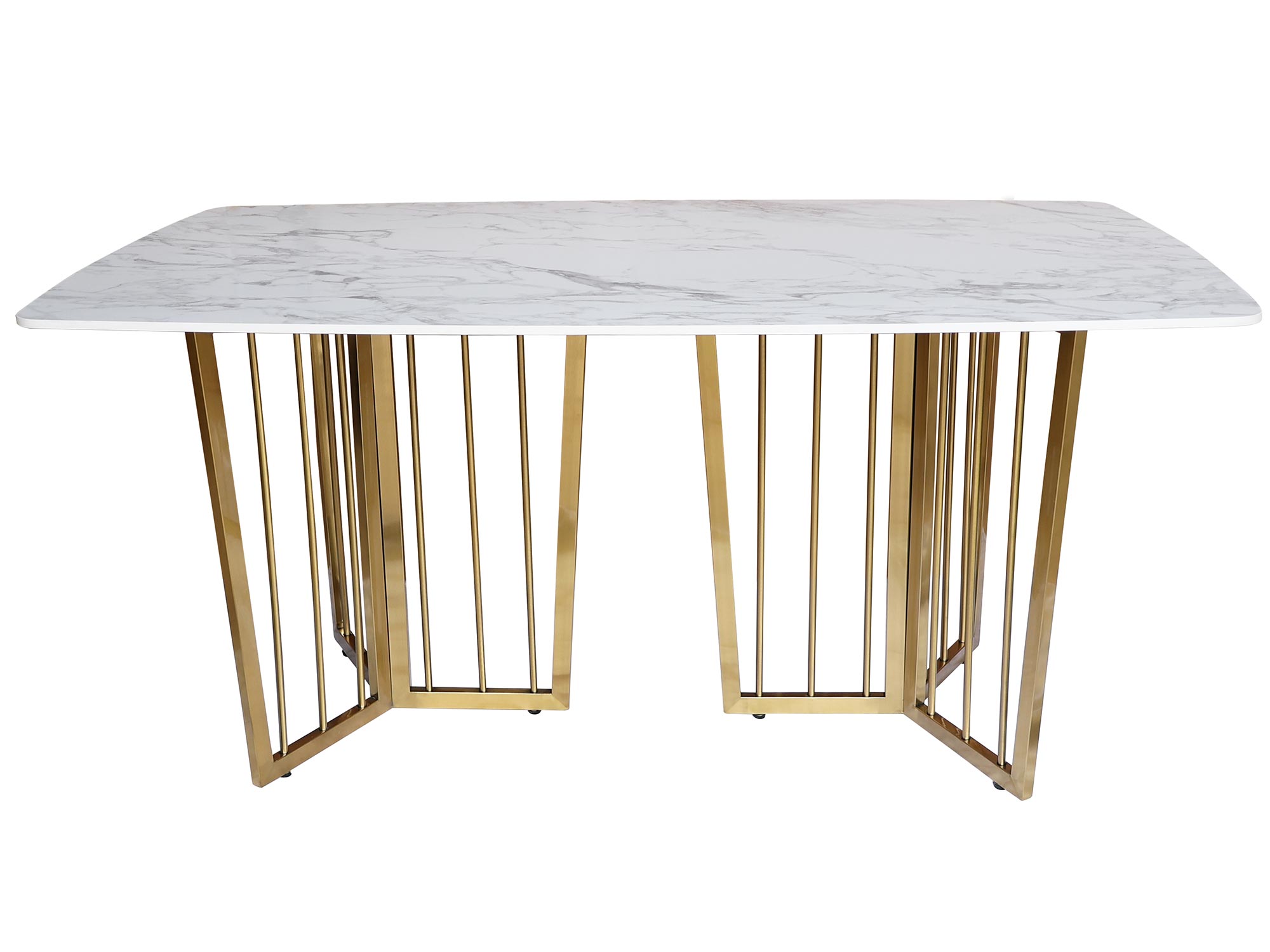 Stół jadalniany z marmurowym blatem i złotymi metalowymi nogami