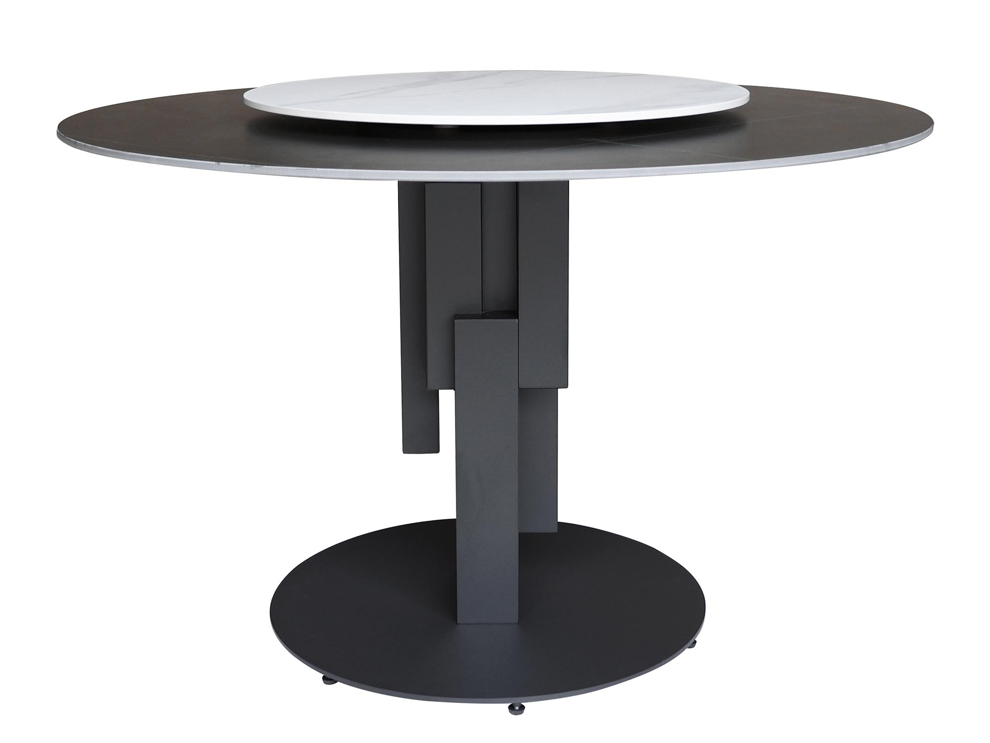 Czarny stół z marmurowym blatem i masywną okrągłą nogą