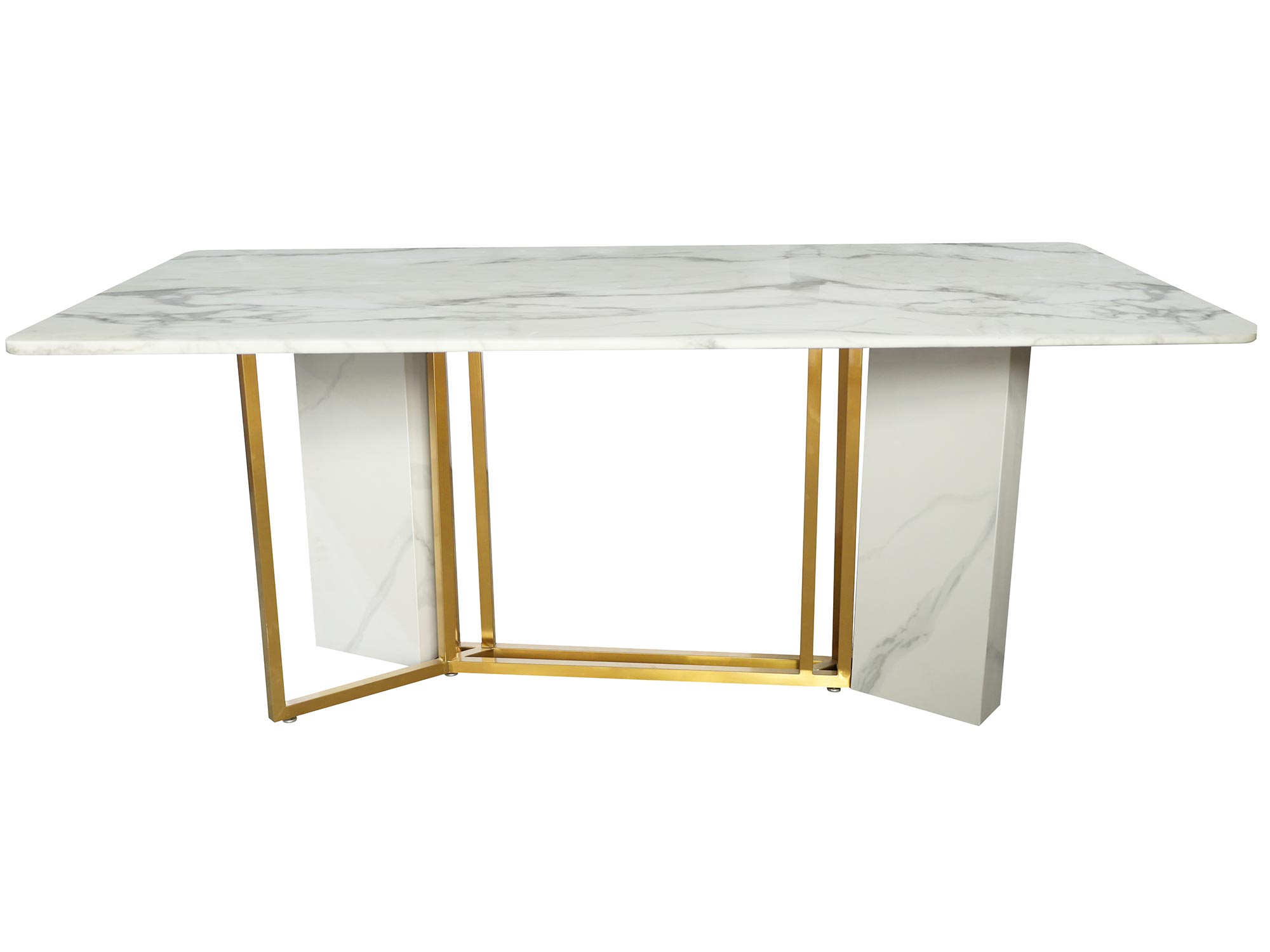 Stół do jadalni z białym marmurem i geometryczną złotą podstawą