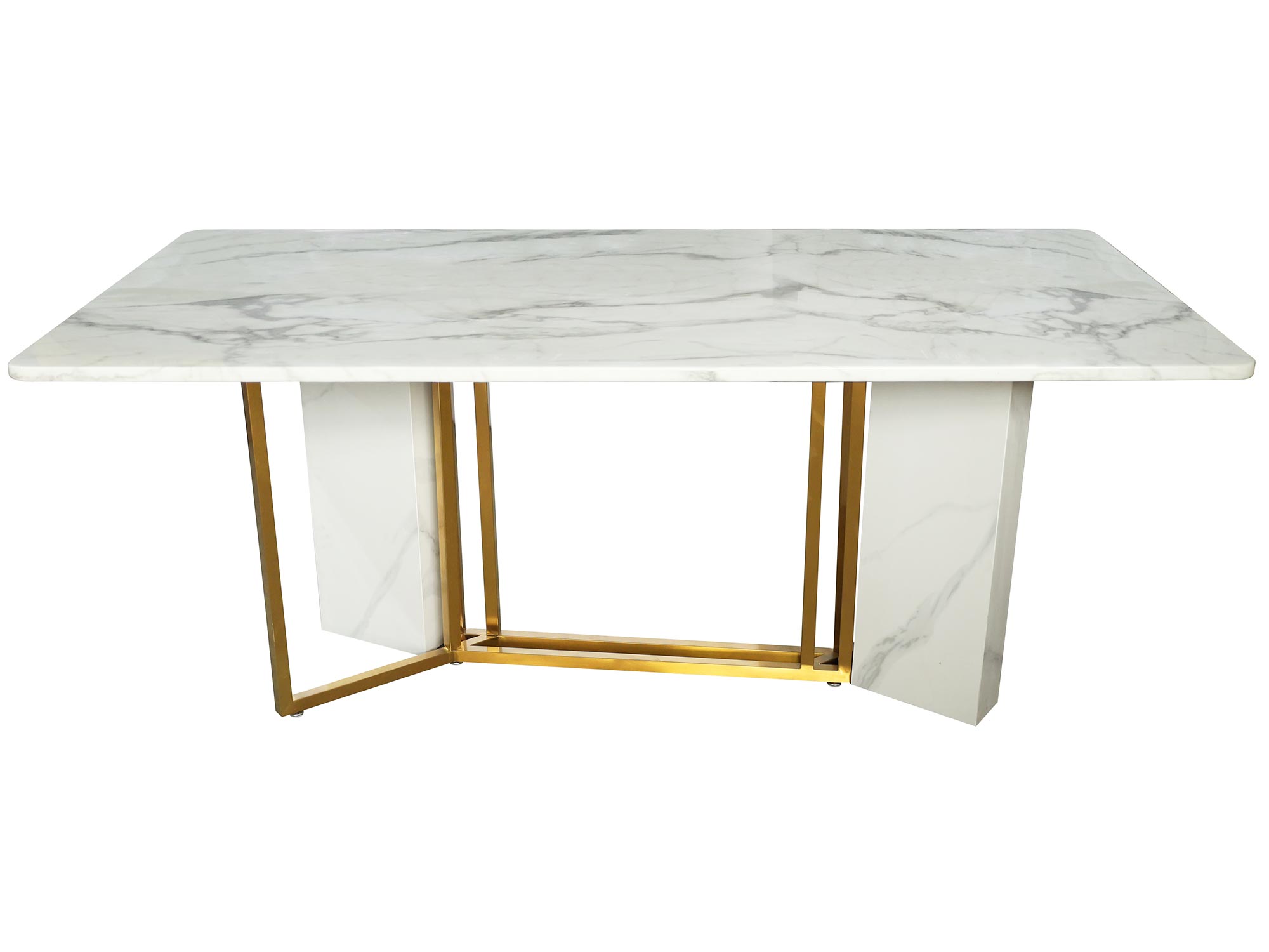 Nowoczesny stół z marmurowym blatem i złotymi metalowymi nogami