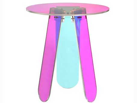 Różowy stolik szklany z niebieskimi nogami i owalnym blatem