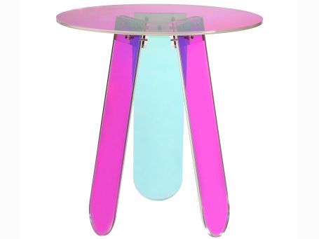 Szklany stolik z różowymi i turkusowymi nogami do nowoczesnych wnętrz