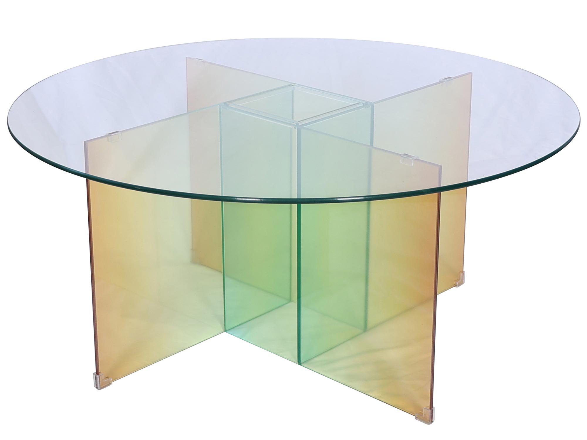 Nowoczesny stolik szklany z wielokolorową podstawą w stylu pop-art