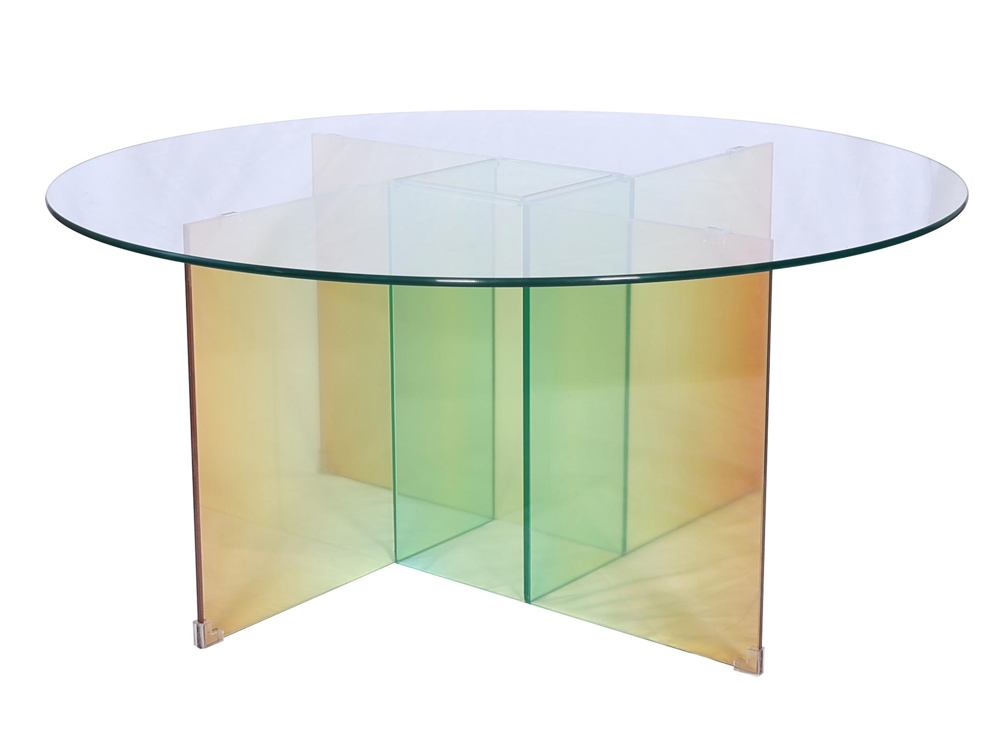 Designerski stół ze szkła z efektem tęczowym i geometryczną nogą